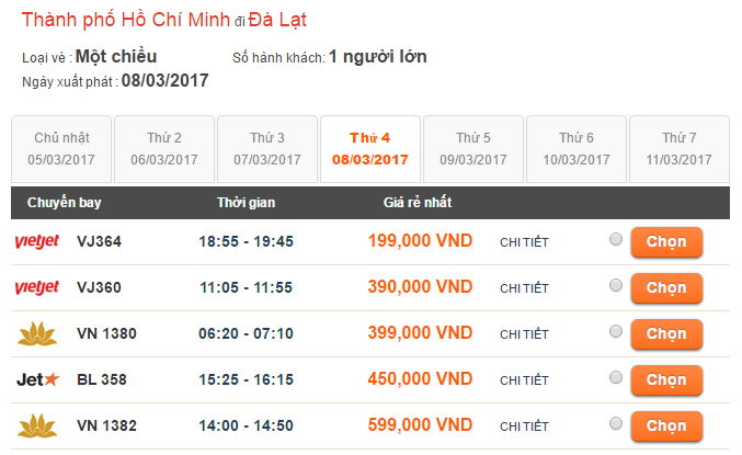 Bảng giá vé máy bay Sài Gòn - Đà Lạt tháng 3