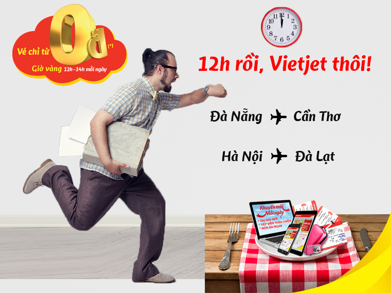 Vietjet khuyến mãi 0 đồng 12h trưa, săn ngay nào